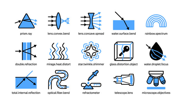 Optics icons showing optical prisms and refraction phenomena on white