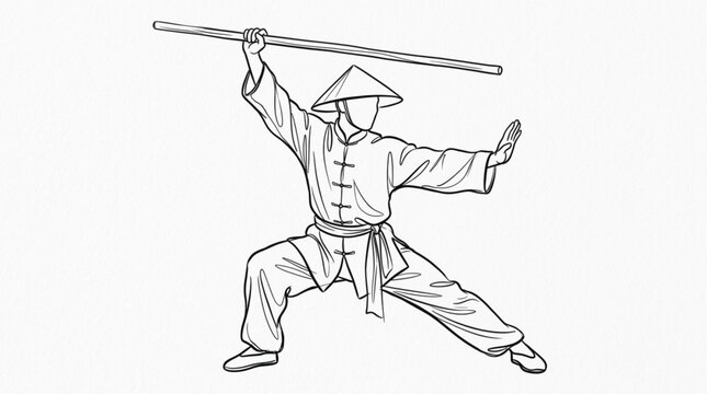 Shaolin kung fu monk with bo staff continuous line art vector illustration of martial artist stance