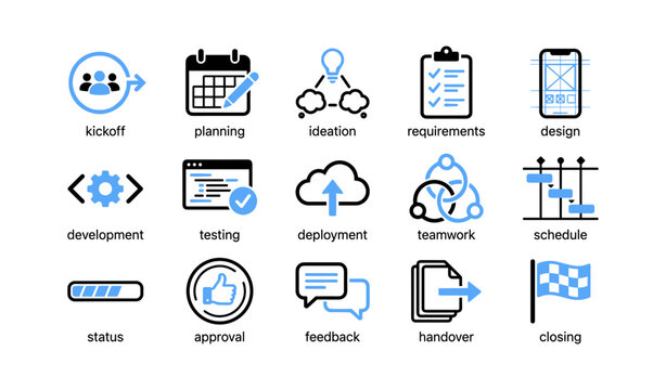 Project workflow icons representing stages from kickoff to closing