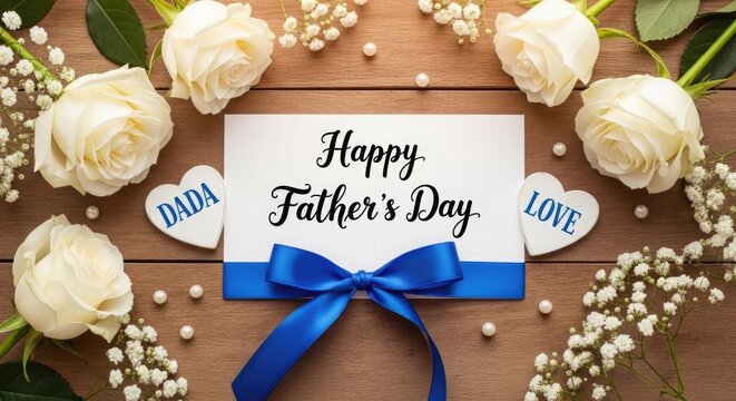 Father's day greeting card with white roses and blue ribbon on wood