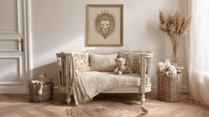 Fototapeta premium Neutral toned nursery interior featuring an antique style daybed adorned with soft textiles and jungle themed artwork