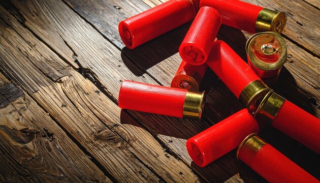 Scattered Red and Brass Shotgun Shells Resting on a Textured Wooden Floor Surface