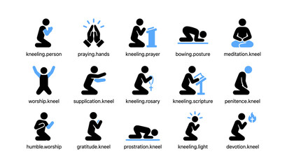 Fototapeta premium Kneeling person icons showing prayer poses on white background