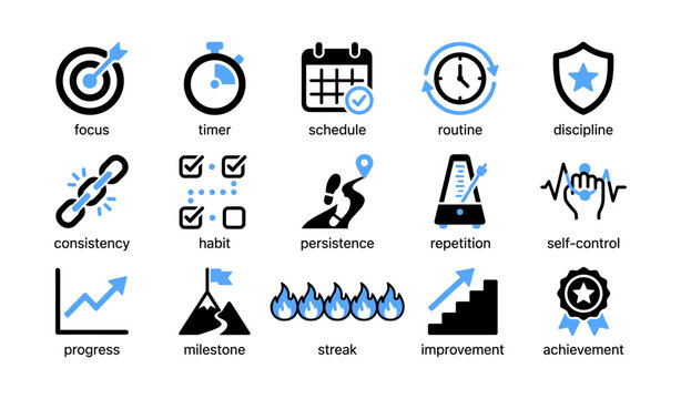 Motivation and habit icons arranged in grid on white background
