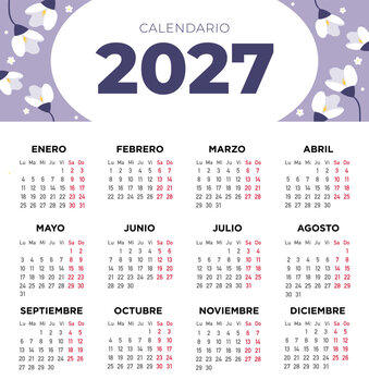 Calendario 2027 con flores en espa&ntilde;ol