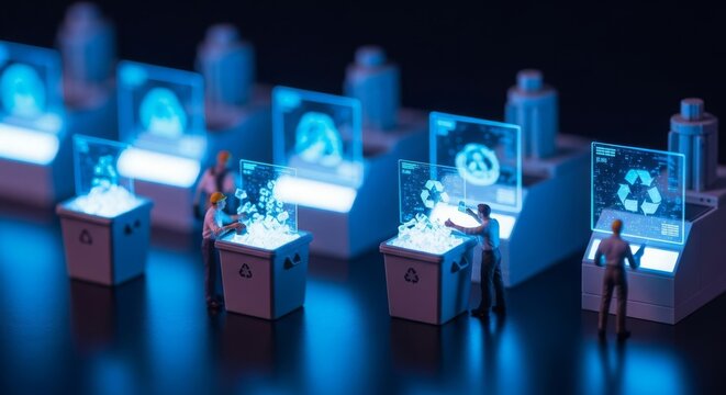 Miniature engineers interacting with futuristic holographic interfaces and data displays