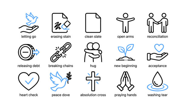 Forgiveness and healing icons arranged in grid on white background