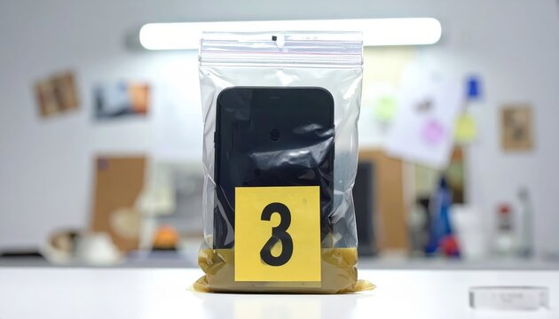Sealed police evidence bag containing a smartphone, clearly tagged and ready for forensic analysis