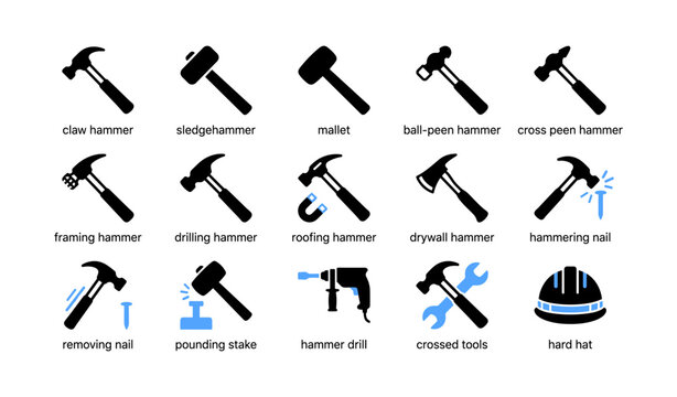 Hammer and tool icons showing hammer types and construction safety