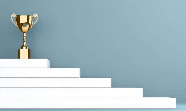 Golden trophy on white stairs against blue wall symbolizing achievement and winning.