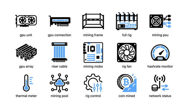 Crypto mining hardware icons in grid on white background