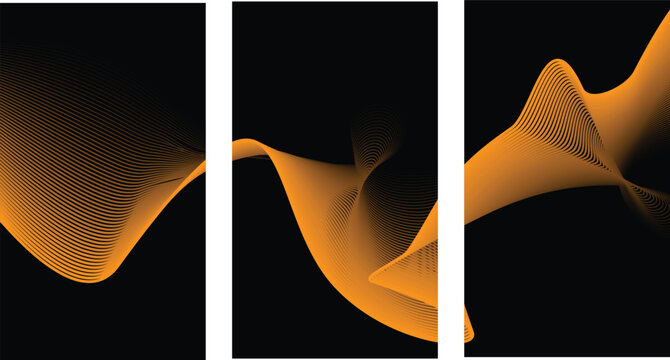Abstract three panel triptych wall art with glowing orange wavy particles on black background abstract triptych particles