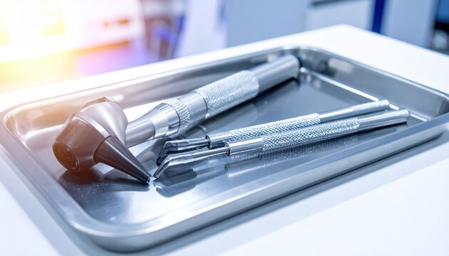 Silver medical otoscope with black handle and disposable specula on a steel tray, ready for patient examination