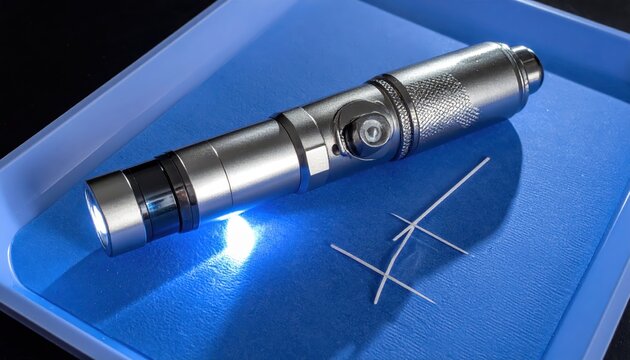 Silver medical penlight with a focused bright beam illuminating a sterile blue tray with small instruments