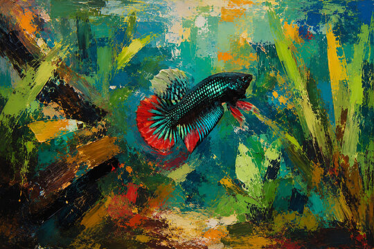 abstract watercolor background Stunning impasto oil painting of a wild blue and green betta imbellis fish swimming in a lush aquatic environment