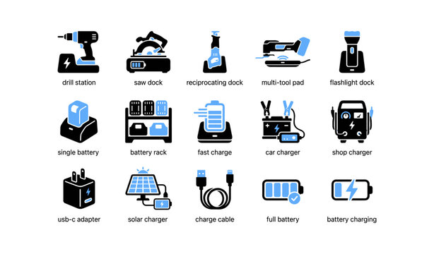 Charging and power tool icons arranged in grid layout