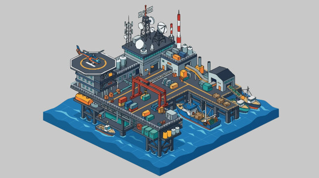 Isometric industrial offshore oil rig platform.