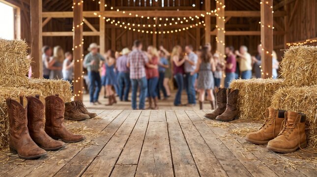 A rustic barn setting filled with couples dancing under twinkling lights, with bales of hay and cowboy boots adding to the country charm
