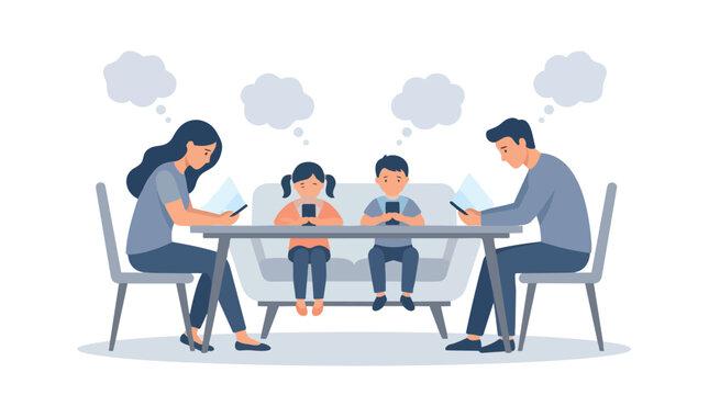 Family addicted to mobile phones sitting together at dining table.
