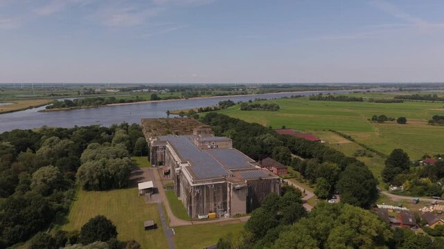 Aerial orbit around Bunker Valentin submarine bunker near Bremen