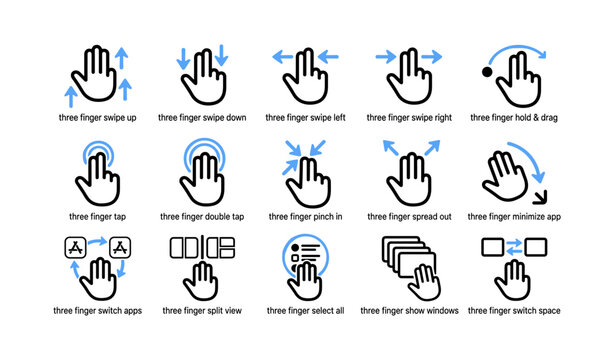 Three finger gesture icons for multitouch controls grid