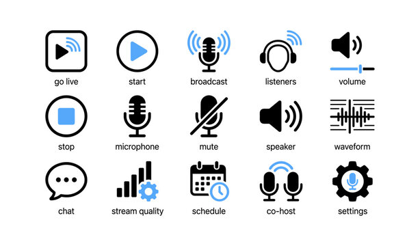 Streaming and audio control icons for live broadcast grid