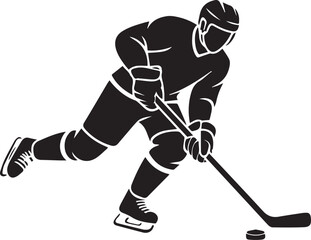 Fototapeta premium Ice hockey player silhouette with a stick and puck on a transparent background, capturing dynamic athletic action.