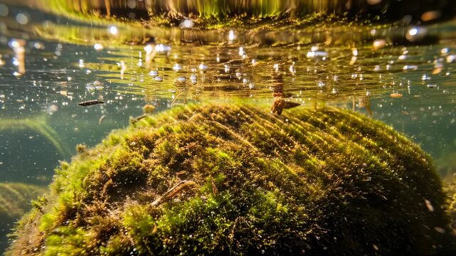 Underwater view of moss growing on river rock. Sunlit aquatic ecosystem showing sediment and water bubbles. Natural habitat for river life, ecology concept.