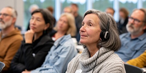 Obraz premium A group of engaged individuals listening attentively in a presentation setting, highlighting the importance of learning and sharing knowledge in community gatherings.