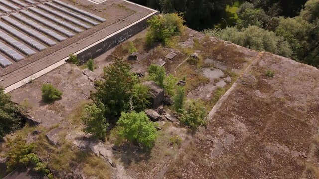 Aerial view of nature reclaiming the roof of Bunker Valentin Bremen