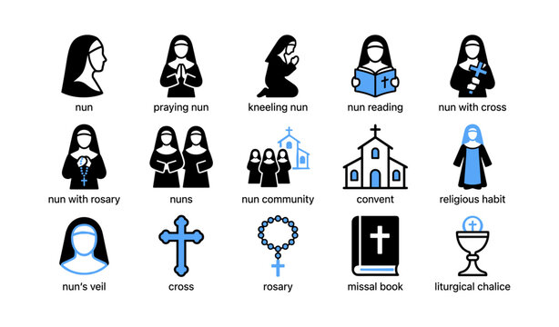 Religious nun icons showing poses and symbols on white background