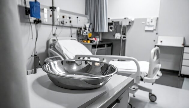 Shiny chrome bedpan positioned on a bedside cabinet shelf within a hospital room, ready for patient use