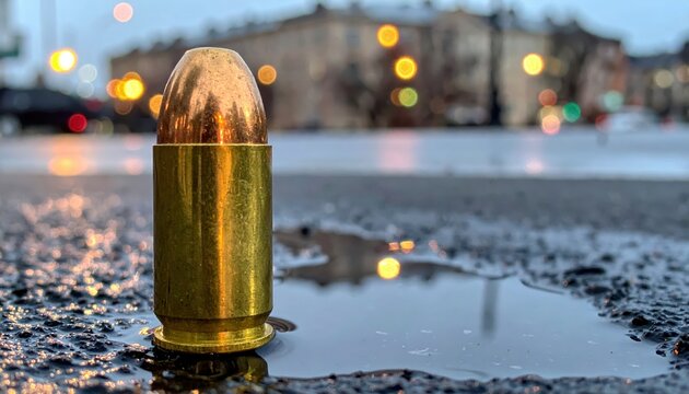Single spent 9mm brass shell casing gleaming on wet asphalt next to puddle with bokeh lights