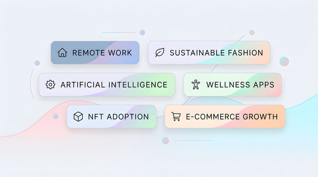 Colorful rounded rectangle labels for remote work and tech trends.