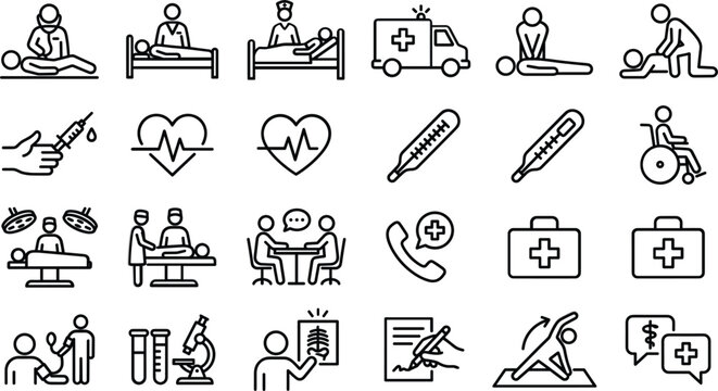 Healthcare Medical Care Line Icon Set For Hospital Patient Treatment Rehabilitation And Clinic Emergency Services