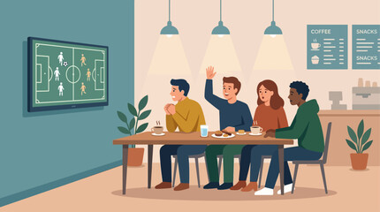 Fototapeta premium This flat design illustration portrays a group of friends engrossed in a football match on a TV screen within a stylish, cozy cafe setting. It captures the shared anticipation and camaraderie of watch