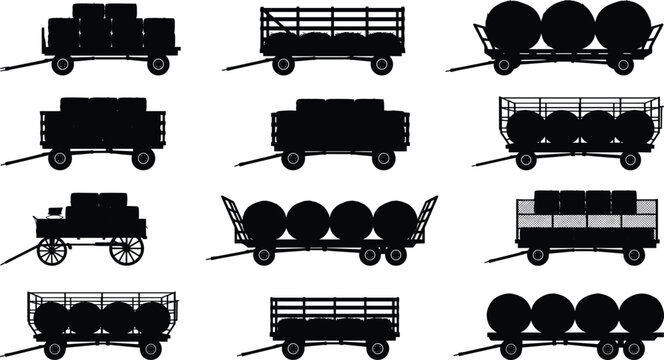 Collection of silhouette illustrations depicting various agricultural carts and trailers loaded with goods