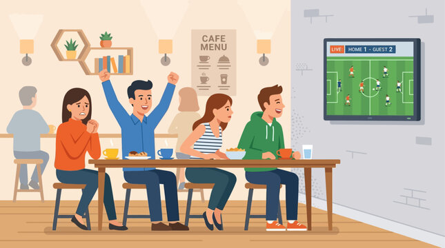 This flat design illustration portrays a group of friends engrossed in a football match on a TV screen within a stylish, cozy cafe setting. It captures the shared anticipation and camaraderie of watch