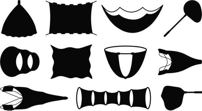 Collection of various net shapes and tools for fishing or insect collection, depicted as black silhouettes on a white background