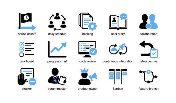 Agile scrum icons of team workflow on white background