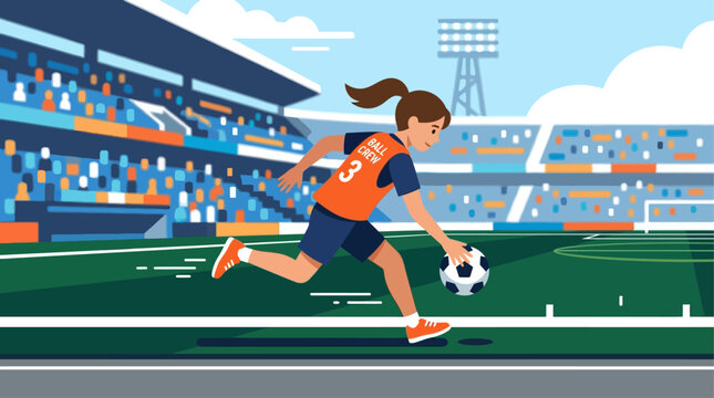 An energetic flat design illustration of a young ball boy swiftly retrieving a football on the sidelines of a stadium pitch. This visual represents the behind-the-scenes role and dedication in sports.