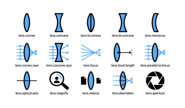 Assorted optical lens icons and ray diagrams on white background