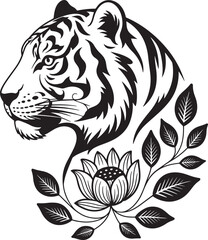 Obraz premium Tiger head profile silhouette illustration with lotus flower and decorative leaves set.