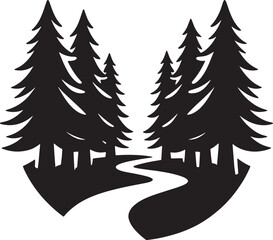 Obraz premium Forest path between pine trees silhouette illustration landscape scenery park outdoor travel.