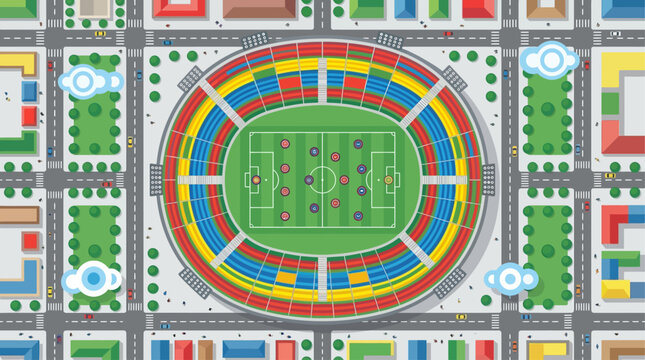 A captivating flat design illustration depicting a vibrant football stadium filled with enthusiastic fans during an exciting match, seen from a unique bird's eye perspective. 