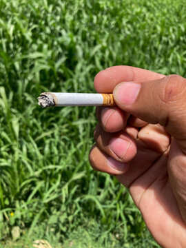 Close-up of a hand holding a lit cigarette with a blurred green field in the background, representing addiction and harmful habit