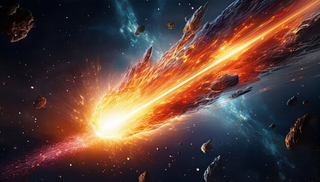 up close fiery meteor exploding bright streak in space generative ai