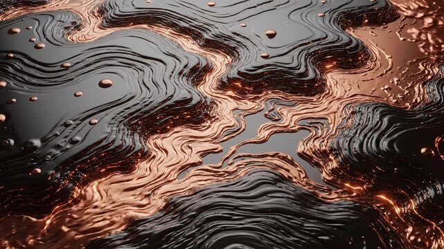 Topography surface features abstract layers of dark obsidian and shimmering liquid copper flowing in a complex geological pattern.