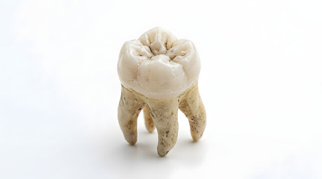 A detailed close-up view of a molar tooth with visible roots and cusps on a white background.