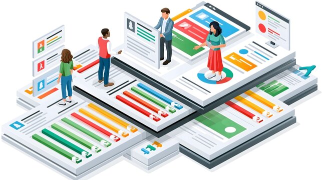 Isometric concept of professional business team collaborating on digital performance dashboards and statistical data analysis